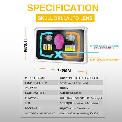 YAYE CG125 Semi-assembly Red Skull DRL Optical Projector Lens Motorcycle LED Accessory Headlight